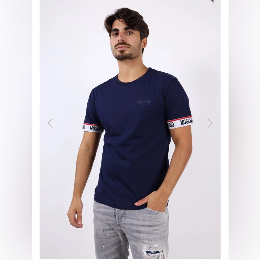 Moschino Navy Tee with Logo Sleeve Accents